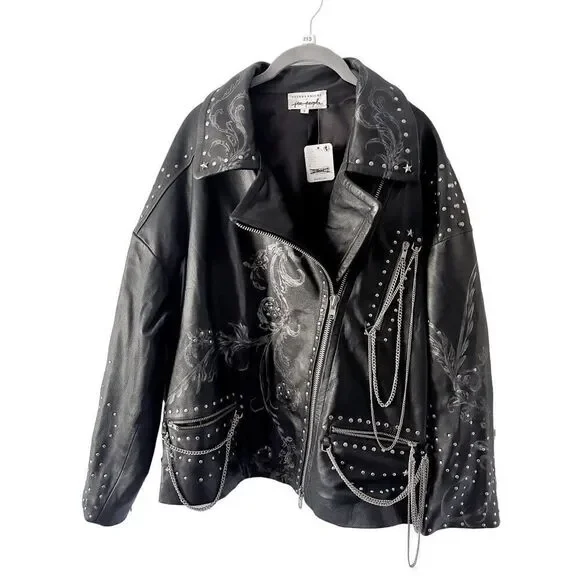 Free People Nigel Preston Chain Embellished Biker Jacket Leather - Picture 4 of 14